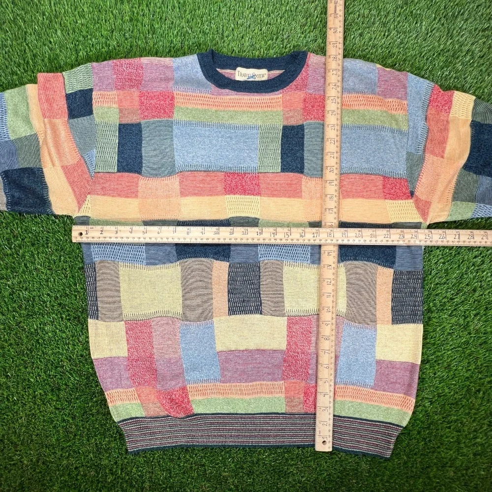 Vintage Patchwork 3D Knit Sweater Men's XL Colorful Pattern Preppy Retro 90's - Picture 4 of 5